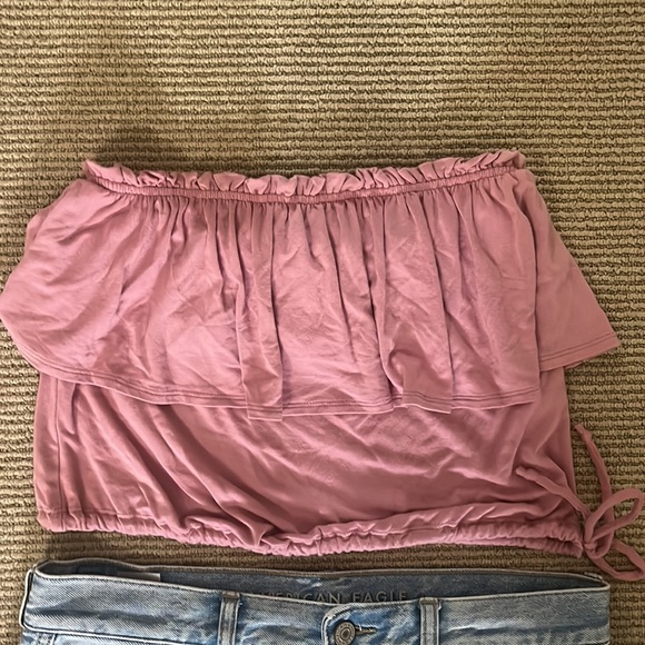 Abercrombie and Fitch strapless top & American Eagle High-Waisted Mom Jean - Picture 2 of 5